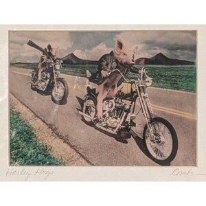 Signed Art Print Harley Hogs Motorcycle Pigs Illusionography Michael Combs 1994